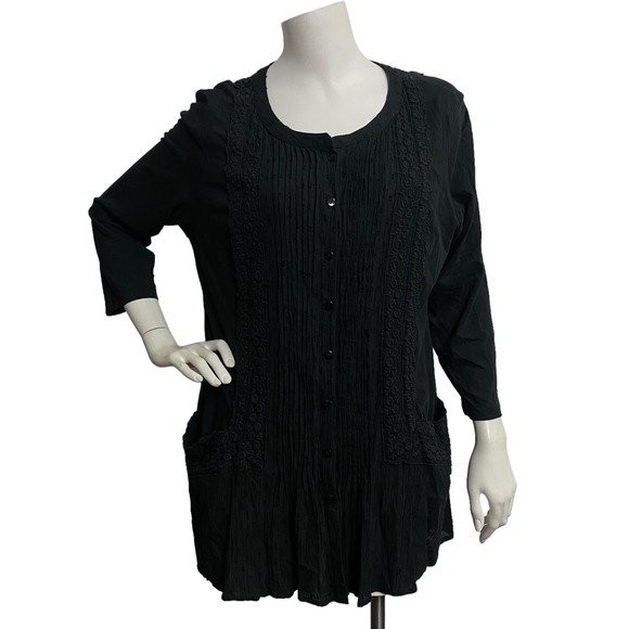 Logo Black Top Blouse Button Front Women Large Emo Gothic Mourn Pintucked Pocket - Picture 1 of 10